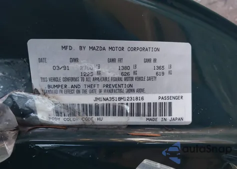 1991 Mazda Mx-5 Miata z USA, uszkodzony, nr VIN JM1NA3518M1231816